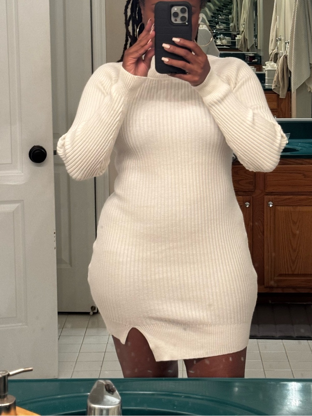Revolve Cream Ribbed Turtleneck Sweater Dress